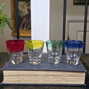 Set of 4 Vintage Shot Glasses Rainbow Colored Rim Heavy Base MCM Barware Jigger